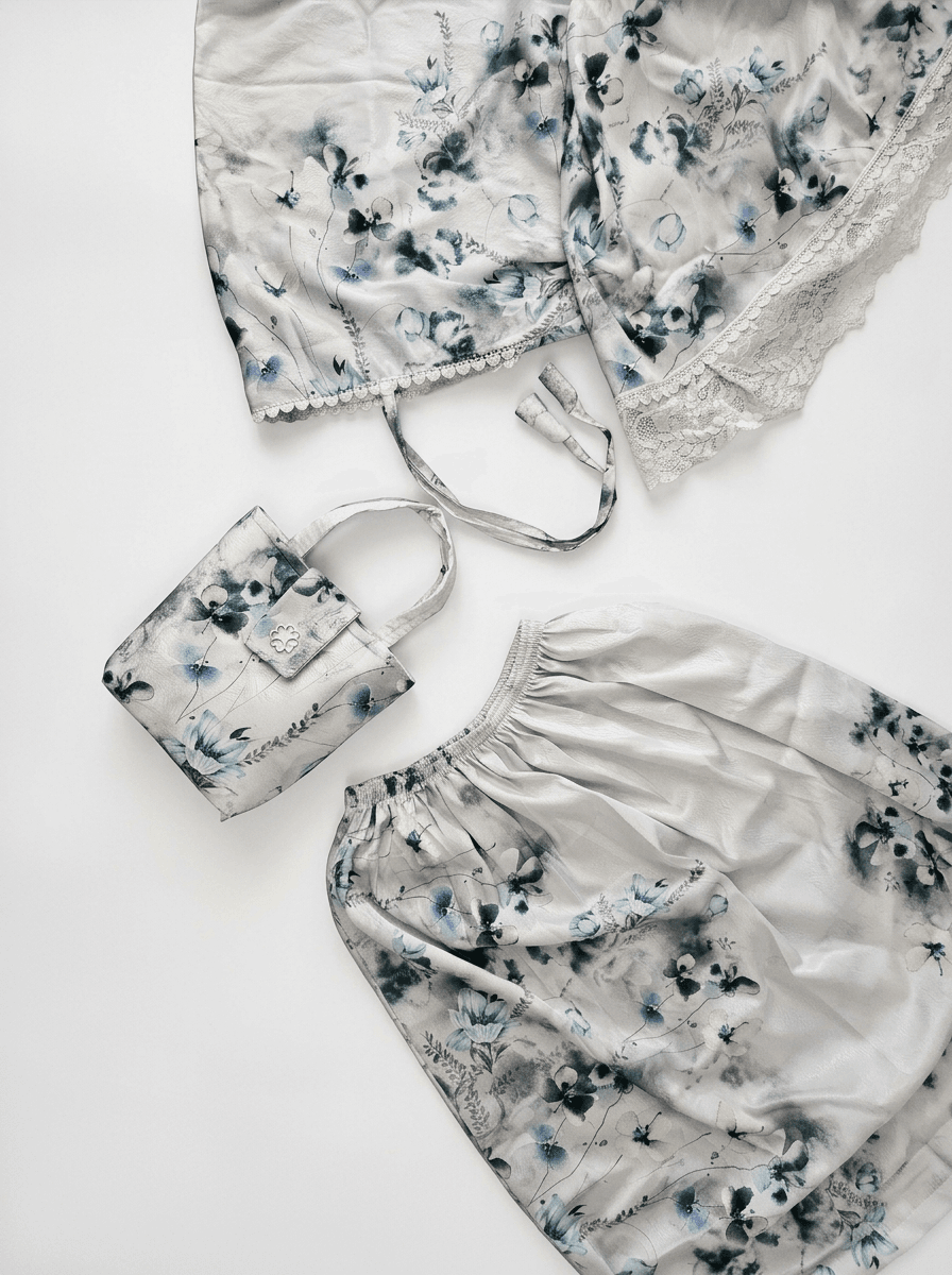 tenue de prière indonesie malaisie avec sa pochette intégré couleur bleu en satin