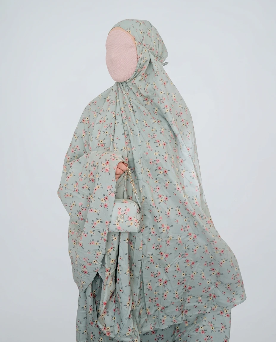 ensemble de prière transportable Seya Djouher vert porté par un mannequin